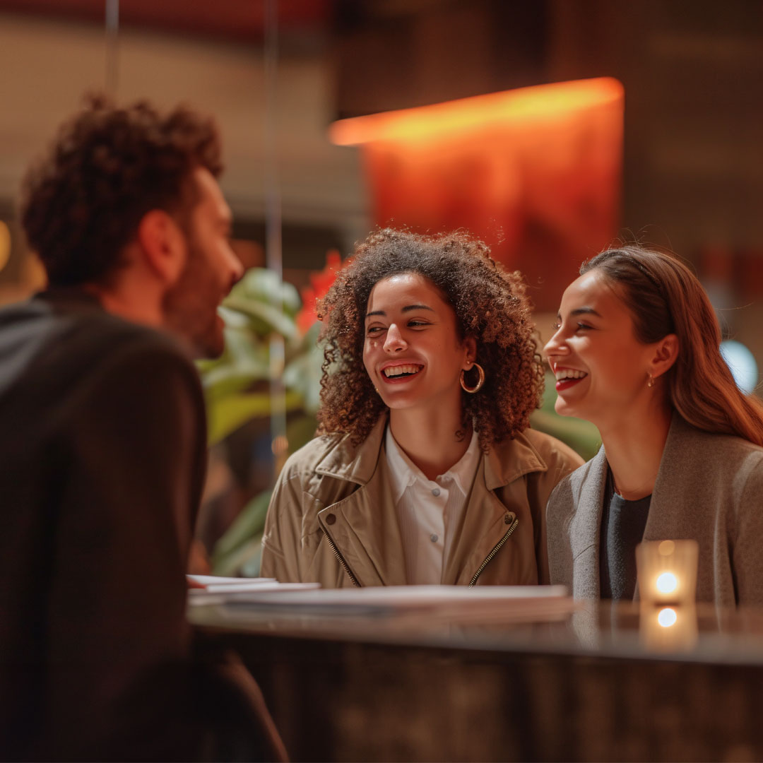 Front desk Receptionist checking in smiling lesbian couple