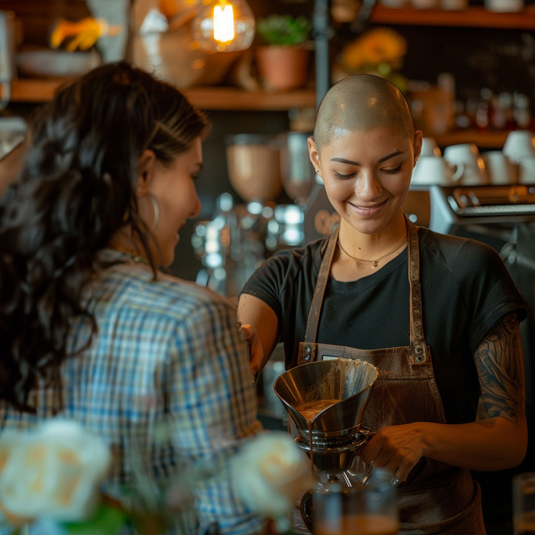 Smiling barista making coffee for customer